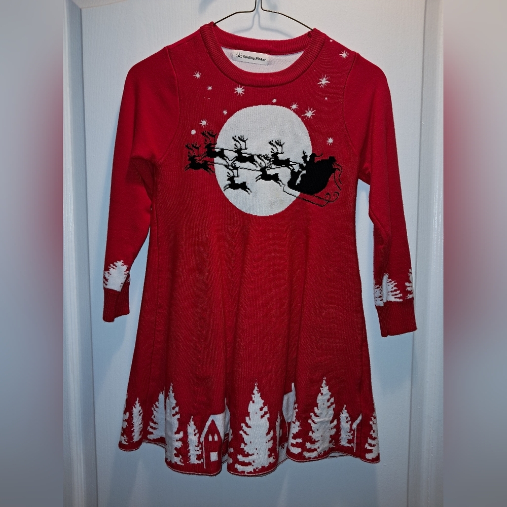 Girls Smiling Pinker Christmas Sweater Dress
